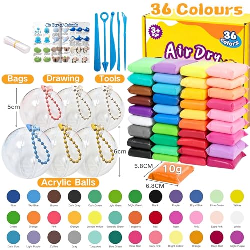 Air Dry Clay Set,36 Farben Modelliermasse Lufttrocknend mit 5 Knete Zubehör,6 Plastikkugeln zum Befüllen,6 Zip Beutel,Kugelketten und Tutorials,Kinderknete Set,Kunsthandwerk Geschenk für Kinder