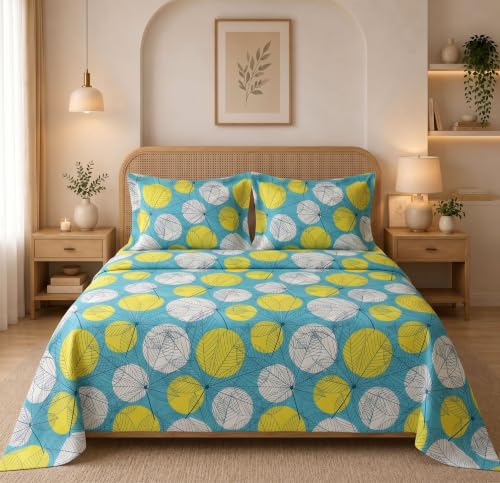 Image of HOMEKART Glace Cotton 160 TC Football Printed Double Bedsheet with 2 King Size Pillow Covers | Soft & Durable | 86 x 88Inches (Yellow & Green)