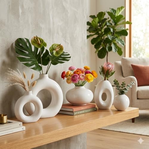 Image of Modern Ceramic Donut Vase Set of 2 (White) | Minimalist Ring Shape Decorative Flower Vase for Living Room, Bedroom, Office & Table Decor (5,6 Inch)