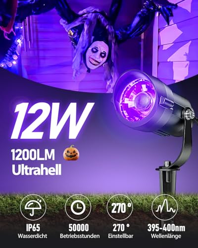 12W Schwarzlichtlampe mit 1.5M Kabel Stecker, Schwarzlicht Strahler Gartenstrahler Wasserdicht, 270° Drehwinkel Schwarzlicht Halloween Strahler für Party, Leuchtreklame, Neonfarben, Garten
