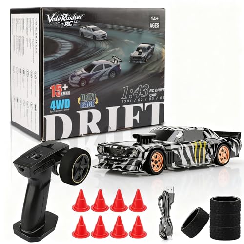 VoleRusher RC [4WD Edition 1/43 Scale Mini RC Drift Car, Toys for Age 8-14 Old Birthday Gifts, High Speed Racing Micro Small with Full Proportional RTR 2.4GHz Remote 2 Tire Sets 8 Cones - Camouflage