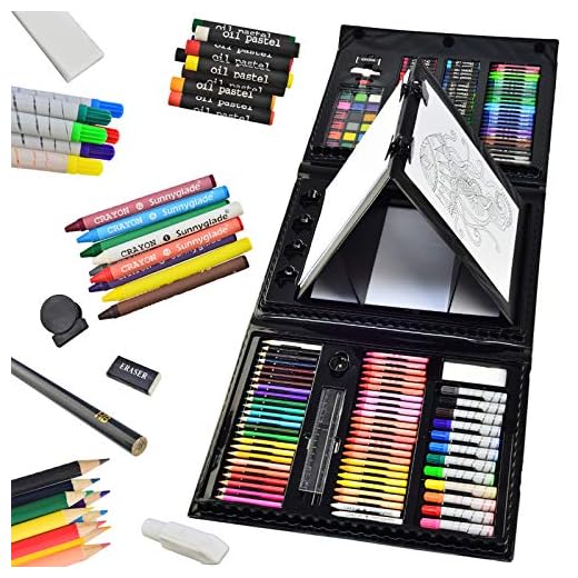 Sunnyglade 185 Pieces Double Sided Trifold Easel Art Set, Drawing Art Box with Oil Pastels, Crayons, Colored Pencils, Markers, Paint Brush, Watercolor Cakes, Sketch Pad