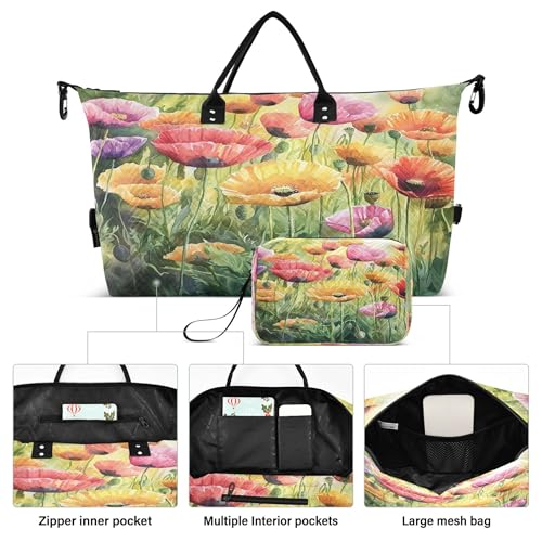Colorful Meadow Flower Travel Duffel Bags Carry on Weekender Overnight Bag Large for Airplane with Toiletry Bag for Men Women2