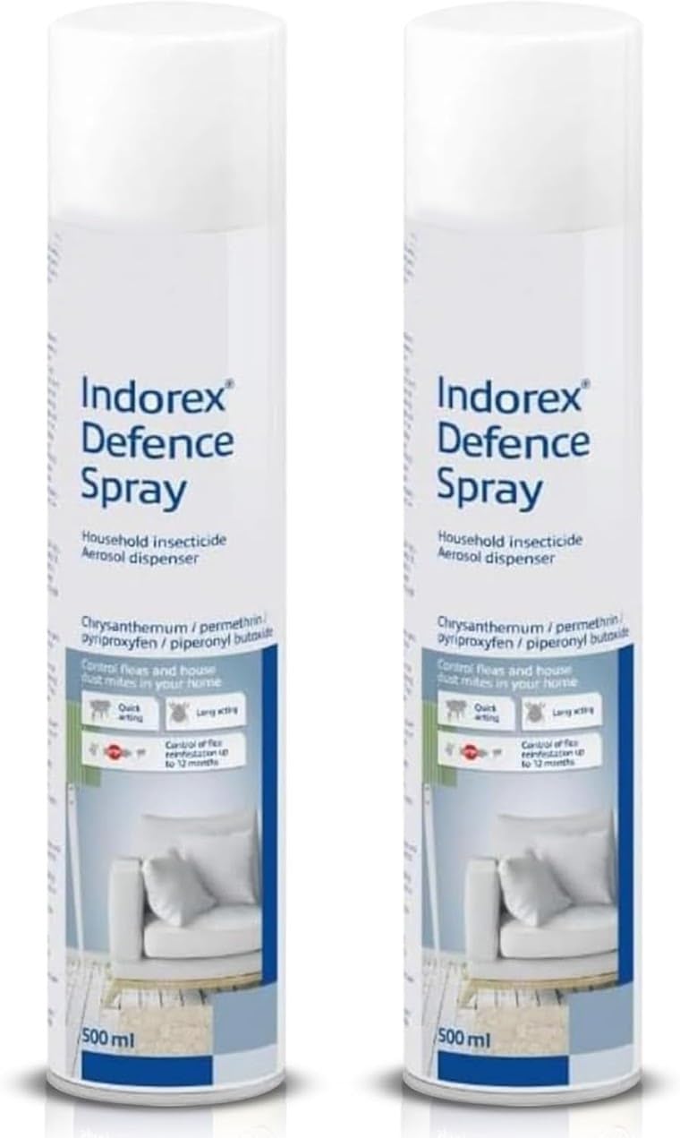 Indorex Defence Household Flea Spray | 2 x 500ml Cans | Protect Home from Fleas & House Dust Mites | Long-Lasting Protection for Up to 12 Months