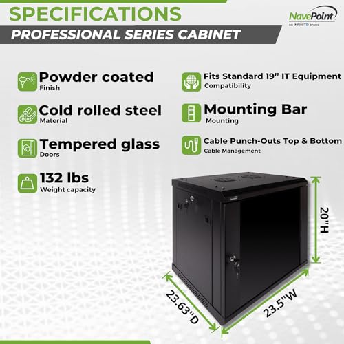 Image of Navepoint 9U Deluxe IT Wallmount Cabinet Enclosure 19-Inch Server Network Rack with Locking Glass Door 24-Inches Deep Black