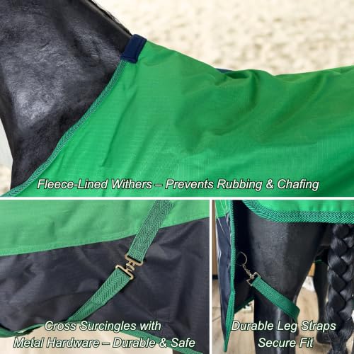 Image of BARN & STABLE 600Denier 3000mm /3000mvp Super Waterproof & Breathable Horse Blankets for Winter with 200g Fill (Fern Green /Navy, 69 Inch)