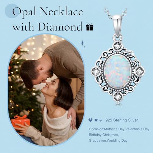 Oval Opal with Genuine Diamond Pendant Necklace 925 Sterling Silver Dainty White Opal Necklace Anniversary Birthday Jewelry Gifts for Women Her4