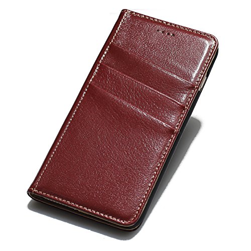 iPhone 7 Plus Case, Genuine Cowhide Leather Wallet Case, Flip Book Cover with [Credit Card Holder] [Kickstand] For iPhone 7 Plus (Wine Red)