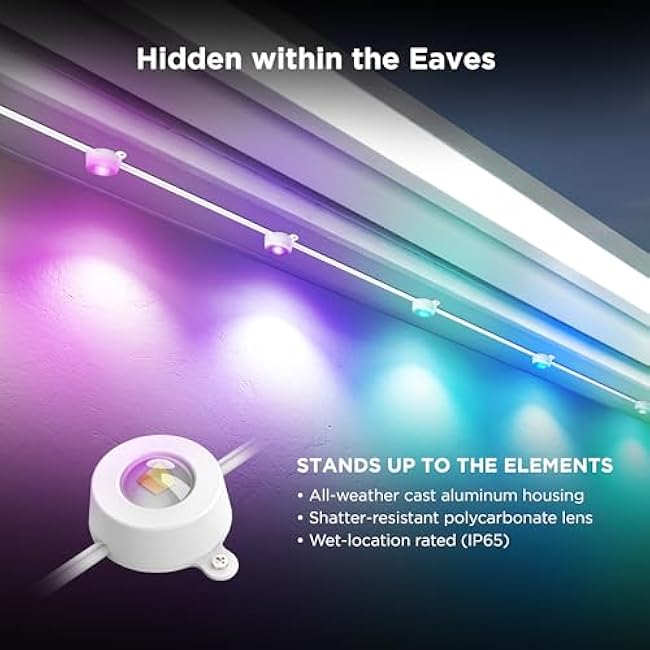 Feit Electric Permanent Outdoor Lights, Smart RGBIC String Lights, 50FT LED Christmas Lights, 2.4GHz WiFi-Enabled Under Eaves Light, Work with Alexa and Google Assistant, Weatherproof, SL50-36/RGB/AG