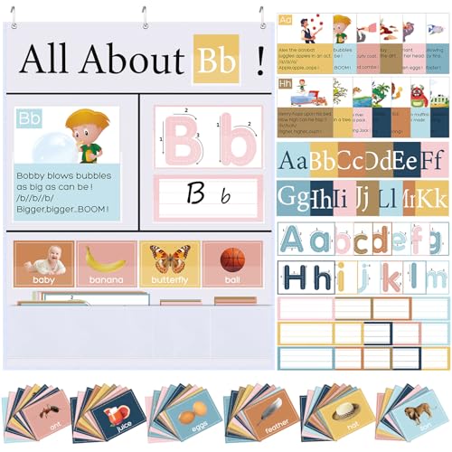 Blosssound 34 x 27 All About Letter Pocket Chart 103 ABC Flash Cards Letter of The Day Week Chart Alphabet Tracing Educational Wall Poster Teachers Homeschool Learning Activities(White)