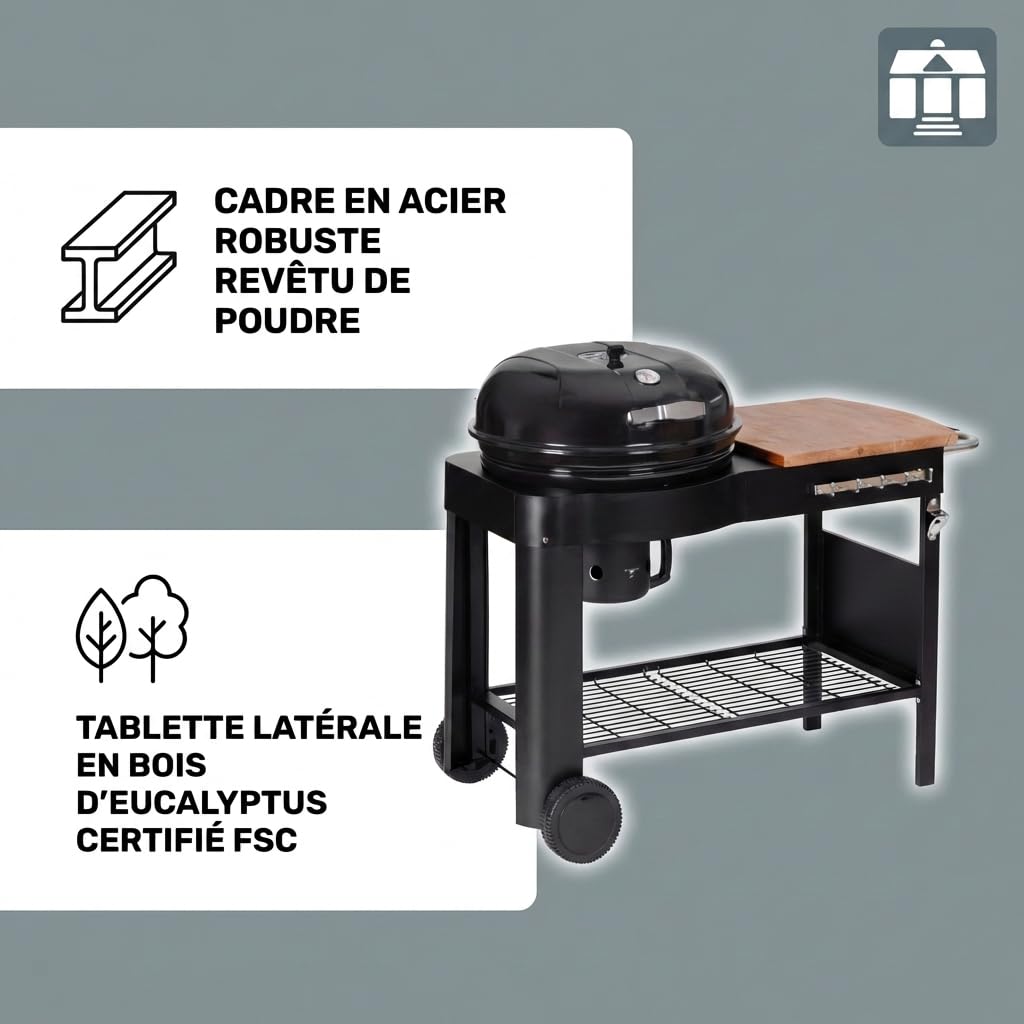 Tarrington House Barbecue au Charbon de Bois Calgary, Acier/Bois, Couvercle avec Thermomètre, Tablette latérale, Étagère Inférieure, 2 Roues, Noir