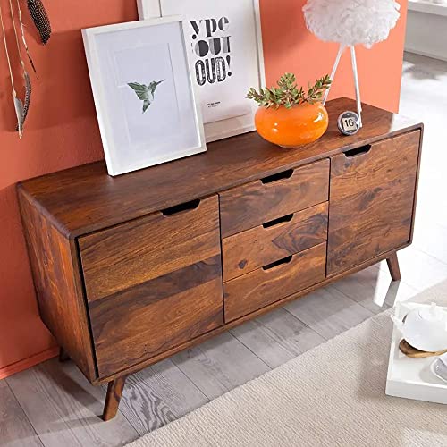 Image of SHIKHA WOOD CRAFT Solid Sheesham Wood Sideboard Cabinet with 3 Drawers and 2 Doors Storage | Multipurpose Wooden Cupboard Furniture for Living Room, Bedroom, Hotel, and Kitchen (Natural Finish)