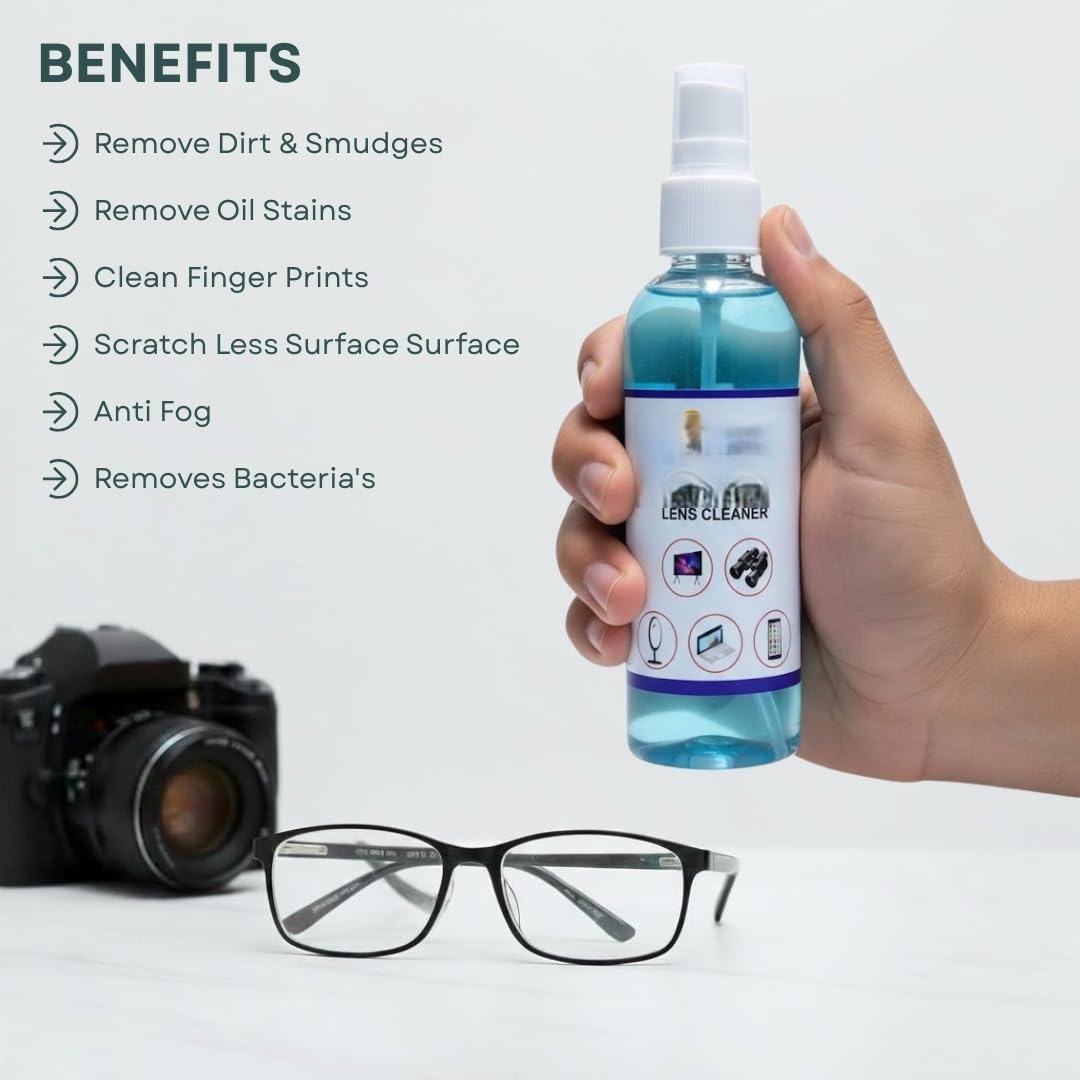 Eloxee Lens Cleaner Spray for Spectacles, Eyeglasses, Sunglasses, Camera Lenses & Screens Anti-Fog Anti-Static Streak-Free Cleaning Solution (1 Bottle with 1 Cloth)