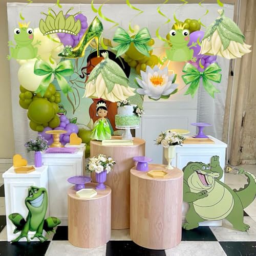 Image of 20Pcs Princess and Frog Hanging Swirls, Princess Coquette Bow Hanging Decor Whirl, Green Frog Birthday Party Ceiling Streamers for Frog Princess Party, Princess Baby Shower, Garden Birthday Decoration