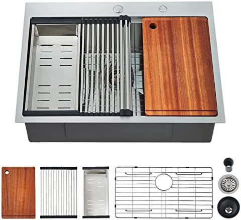 EcoChannels Kitchen Sink, 25 x 22 Inch Drop in Kitchen Sink Stainless Steel Topmount Kitchen Sink Workstation Sink Single Bowl