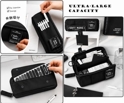 Image of Invite Multi-Functional Soft Pencil Case for Girls | Large Capacity Zipper Pouch with Multiple Compartments | Aesthetic Stationery Organizer for School, College & Office (Soft More Black)