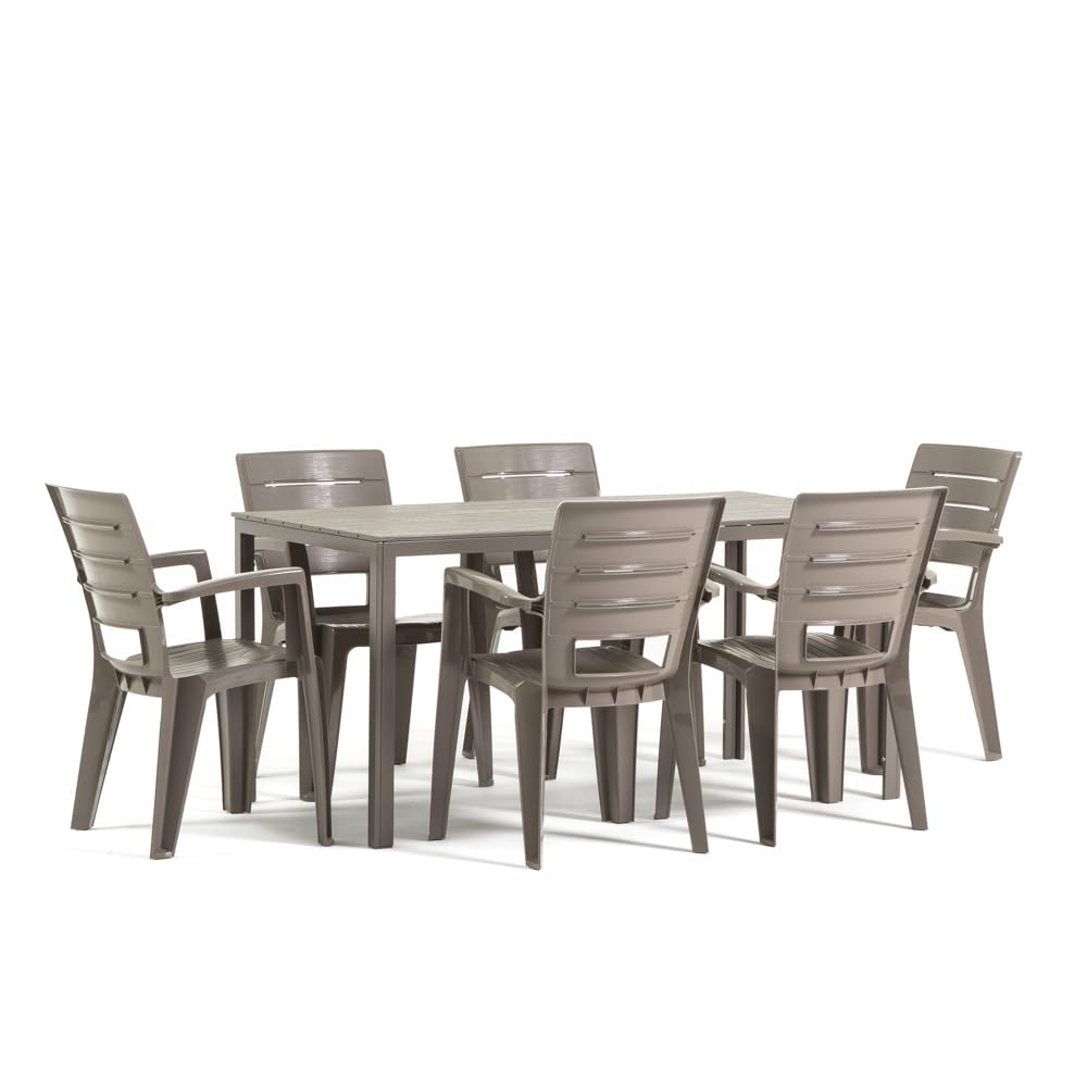 Ensemble repas de jardin ou d'extérieur pour 6 personnes effet bois taupe, table rectangulaire en acier peint avec lattes en polyéthylène, 6 chaises empilables en polypropylène - Thomas & Anita