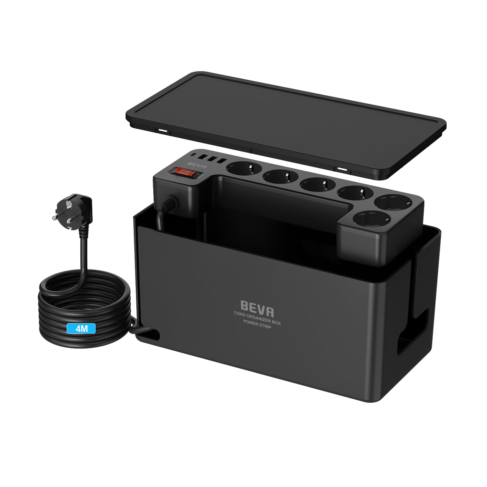 BEVA Kabelbox mit Steckdosenleiste 3680W/16A und 4M Kabel, Schwarz | 1050J Steckdosenleiste Überspannungsschutz , Mehrfachsteckdose mit 6 Steckdosen+ 3USB-A+1USB-C , Mehrfachstecker mit Schalter