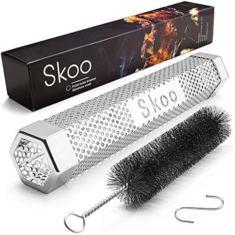 Skoo Pellet Smoker - BBQ Hexagonal Smoking Tube + Brush + Hook + Free EBook + Digital User Guide - 5 Hours of Billowing Smoke - For Electric, Gas, Charcoal Grills or Smokers Cover
