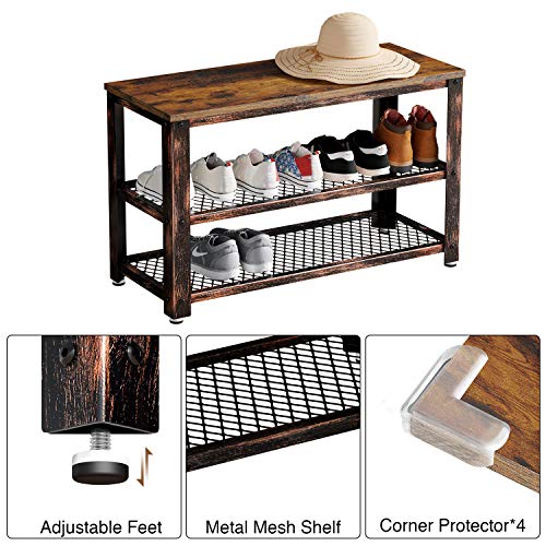 Rolanstar Shoe Bench, 3-Tier Shoe Rack, 28.7” Storage Entry Bench With Mesh Shelves Wood Seat, Rustic Foyer Bench For Hallway Front Door, Doorway, Living Room, Mudroom, Steel Frame, Rustic Brown #TOP3