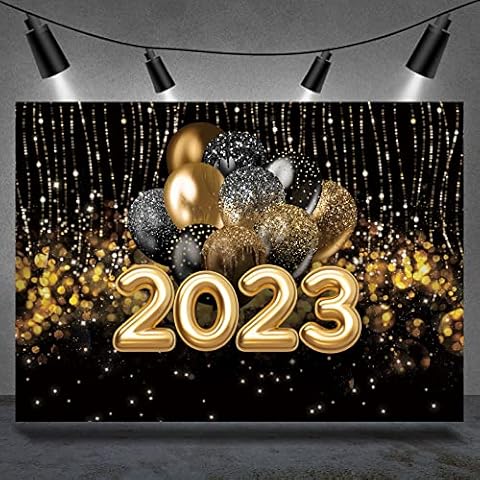Rsuuinu New Year Backdrop 2023 Gold and Black Balloon New Years Eve Backdrops Photography Background Happy New Year Party Supplies 2023 Decorations Photo Booth Props Banner Favors 7x5ft Cover