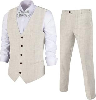Men's Linen 2 Piece Suit Slim Fit Wedding Groomsmen Tuxedos Summer Beach Prom Vest Pants Set