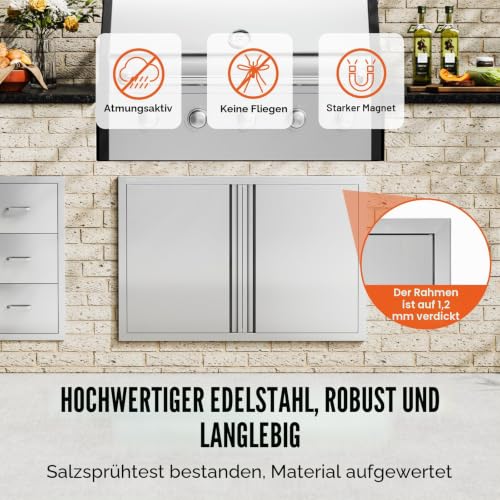 VEVOR Grill-Zugangstür, 914 x 610 mm, Doppelte Außenküchentür, Flächenbündig Montierte Edelstahltür, Vertikale Wandtür mit Versenkbaren Griffen, für Grillinsel, Grillstation, Außenschrank