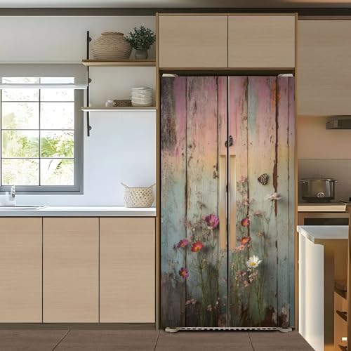 Self Adhesive Vinyl Refrigerator Wrap Set Floral Butterflies Art Distressed Rainbow Wood Door Mural Removable Fridge Sticker Peel and Stick Decal Rustic Kitchen Decor