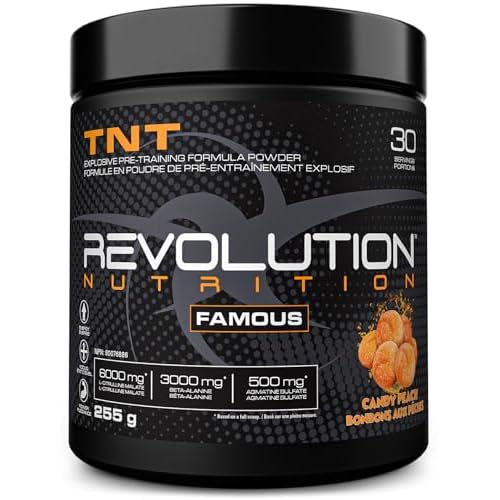 Revolution Nutrition, TNT, Pre-Workout Powder, Pumps & Strength, Extreme Intensity, Hyper Concentrate, Citrulline Malate 2:1, Beta Alanine, Agmatine Sulfate, Caffeine, For Men & Women, 255g, 30 Servings (Candy Peach, 0.56 Pound)