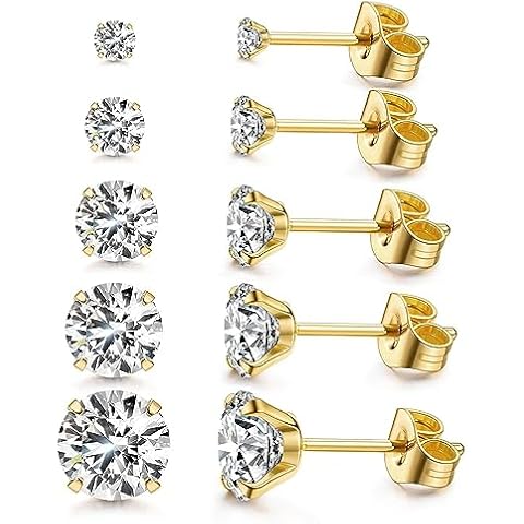 Kainier 5 Pairs 14K Gold Plated Stud Earrings Set Simulated Diamond Earrings Cubic Zirconia (CZ) Ear Stud for Women Hypoallergenic 3-7mm Cover