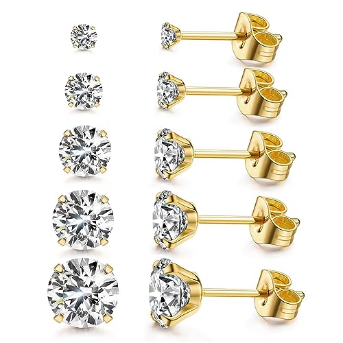 Kainier 5 Pairs CZ Stud Earrings Set for Women Men, 316L Stainless Steel Hypoallergenic Earrings for Sensitive Ears, 14K Gold Plated Silver Tone Jewelry, Cubic Zirconia Diamond Flatback Studs 3-7mm