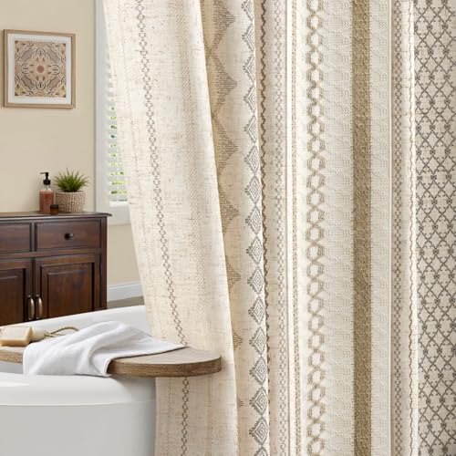 NDDYCU Boho Linen Shower Curtain for Bathroom Western Striped Print and Twine-Inspired Woven Center 72 W x 72 L Beige