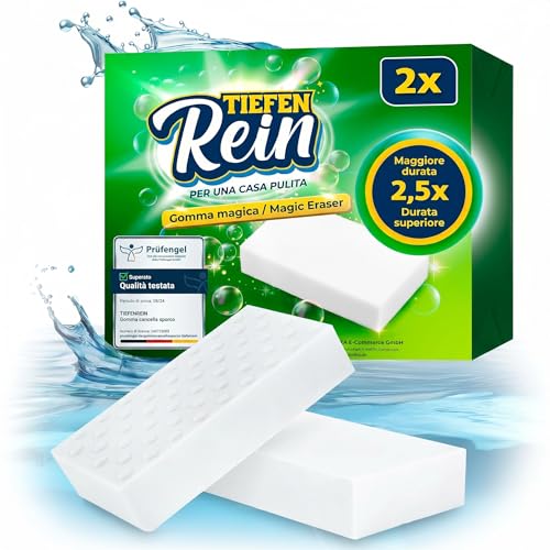 Spugna Magica PRO 2 pezzi - Novità: spugna magica per muro con una durata 2,5 volte superiore | Gomma Magica extra resistente | Magic Eraser rimuove lo sporco da pareti, scarpe, cucine e bagni