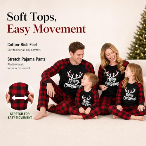 Image of IFFEI Matching Family Pajamas Sets Christmas PJ's with Letter and Plaid Printed Long Sleeve Tee and Bottom Loungewear