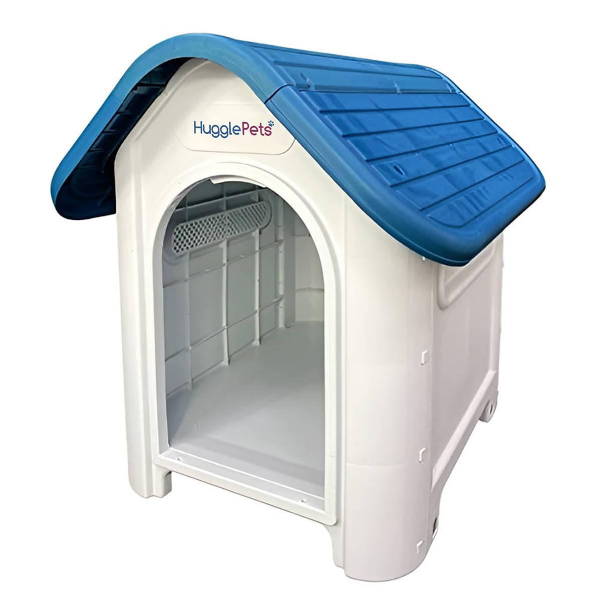 HugglePets Plastic Dog Kennel Outdoor & Indoor (75 x 59cm - Blue) Raised & Ventilated Weatherproof Cat or Dog House Pet Shelter | Lightweight & Durable | Easy to Assemble & Clean.