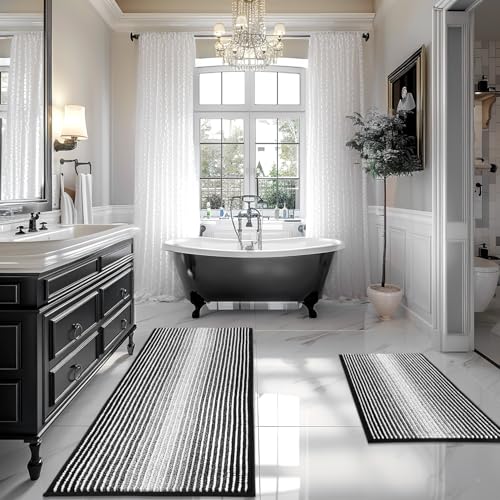 BSICPRO Bathroom Rugs and Mats Sets, 2 Piece Thick Absorbent Chenille Bath Mat Rug Set Non Slip, Soft Shaggy Bath Room Floor Mats for Bathroom, Machine Washable (Black, 20" x 47" Plus 20" x 32")