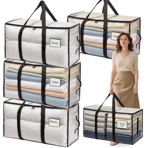 VCANIVR Paquete de 4 cajas grandes de 91 litros, resistentes al agua, bolsas de almacenamiento de ropa, bolsas de mudanza con cremalleras para ropa, viajes, camping, jardín, herramientas, contenedores
