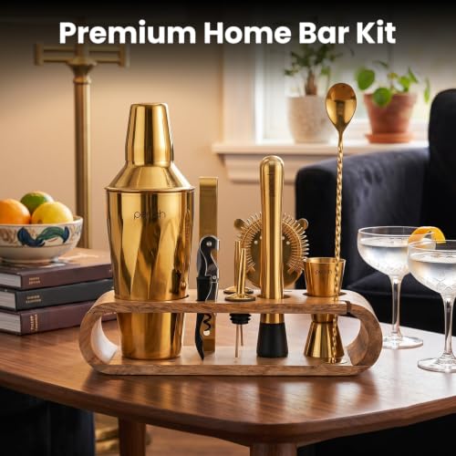 Image of O' Holic by Perch 10-Piece Bartender Kit with Mango Wooden Stand|Cocktail Shaker Gift Set with Jigger,Strainer,Spoon,Muddler, Pourers, Tongs & Corkscrew|Home Bar Accessories for Mixing Drinks (Golden)