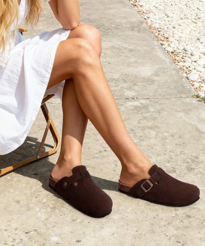 Image of KIDMI Genuine Suede Clogs for Women Men Cork Footbed Mules Potato Shoes | Arch Support, Comfortable, Leather Slip On, Fall, Casual, Indoor Outdoor, Non-slip Rubber Sole, Adjustable Metal Buckle