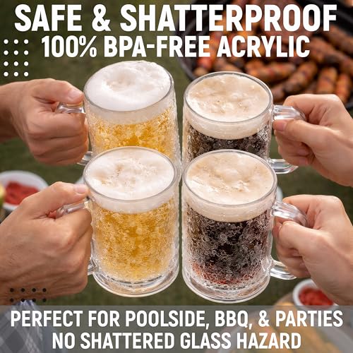 Image of Granatan Freezer Beer Mugs Set of 4, 16 oz Double Wall Gel Mugs for Freezer, Acrylic Plastic Beer Stein with Handle, Ice Cold Glasses for Men, BBQ, & Pool Parties (Clear)