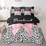 Erosebridal Black White Leopard Print Bedding Comforter Sets Full,Pink Ribbon Bow Comforter Set 7 Piece for Bow Lovers,Girls Dreamy Bowknot Bedding Set with Sheets,Aesthetic Coquette Bed Set