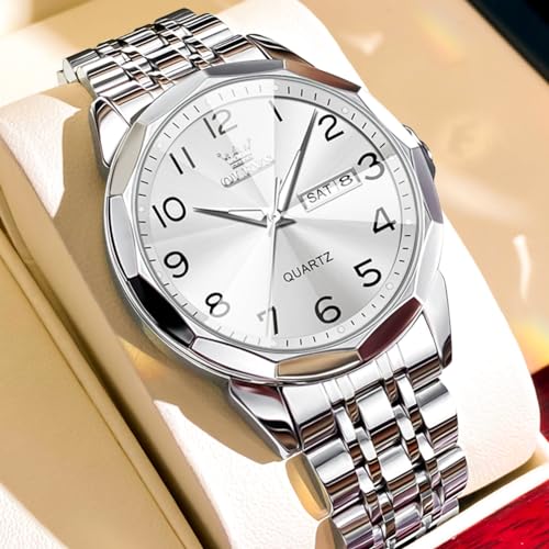 OLEVS Mens Watch, Dress Stainless Steel Analog Quartz Watches for Men with Day Date, Silver Gold Silver Two Tone Big Face Large Waterproof Luxury Casual Easy to Read Number Dial Men's Wrist Watch3