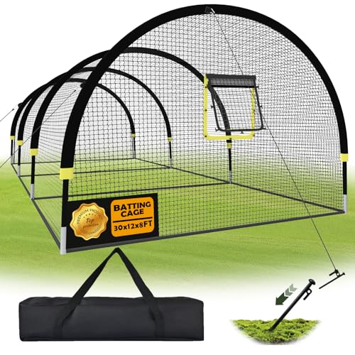IDEATRY Baseball Batting Cages for Backyard - 30ft x 12ft x 8ft Portable Practice Softball Cage Net and Frame with Pitching Machine Hole, 12.7MM Fibreglass Poles and Carry Bag