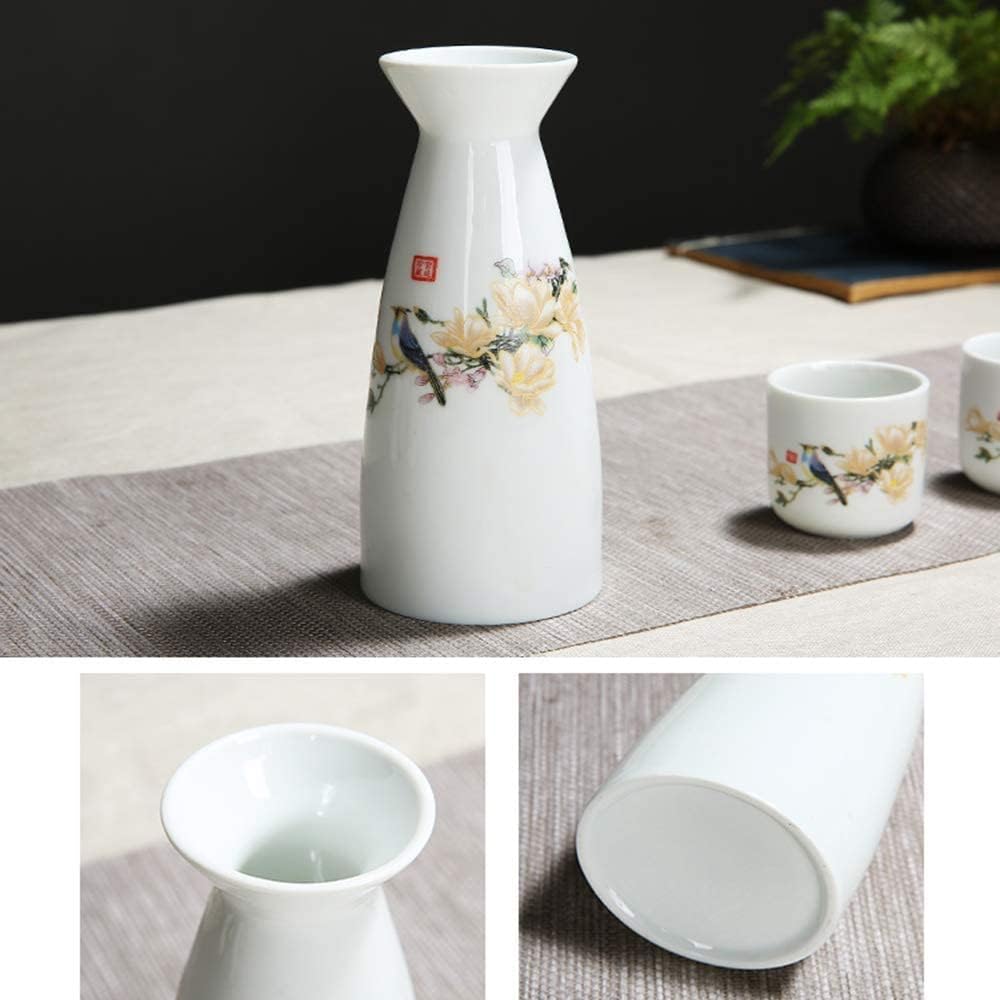 Sake Set of Cup Set,Ceramic Cups, Crafts Wine Glasses,7 Piece Japanese Ceramic Hand Drawn Flowers and Birds Pattern, Ceramic Material, 6 Sake Cups,1 Sake Pot