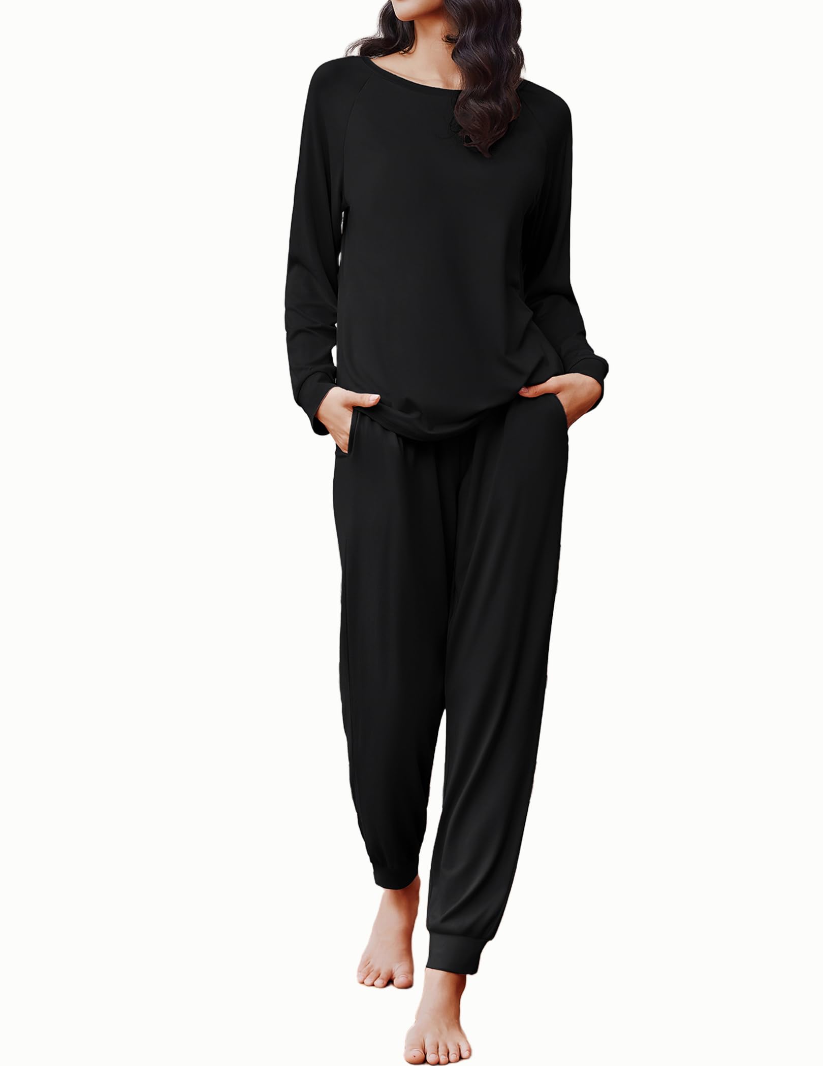 Ekouaer Soft Pajama Set Women Pullover Long Sleeve lounge Sets Jogger Pants Loungewear Sleepwear Sets with Pockets