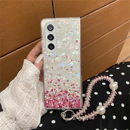 Coque Z Fold 4 motif coquillage avec chaîne perle et bracelet anti-chute élégant