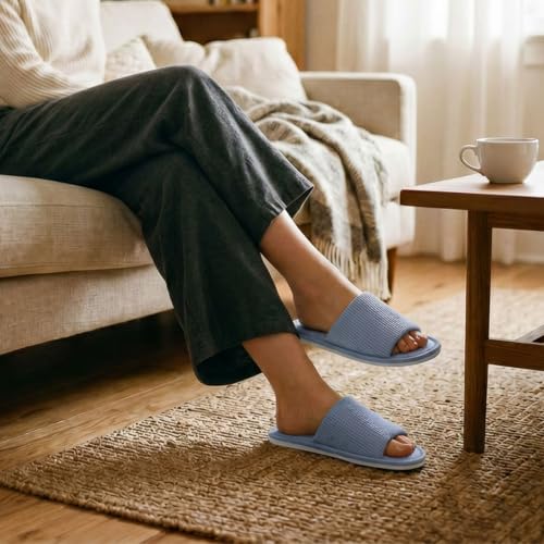 Image of Women's Open Toe House Slippers - Breathable Waffle Fabric, Memory Foam Cushioning, Slip-On Summer Indoor Slippers, Non-Slip TPR Sole, Easy Care