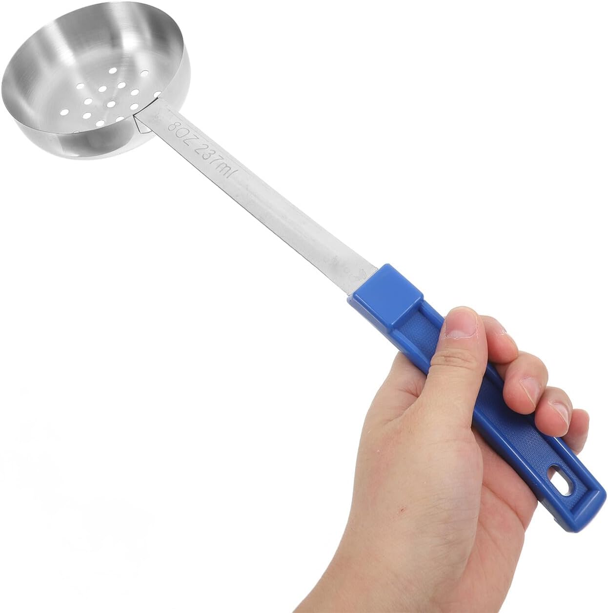 Portion Control Sauce Spoon with Slotted Metal Bowl 8-ounce Blue Handle Ladle for Cooking and Serving Sauces Kitchen Utensil and Portion Scooping
