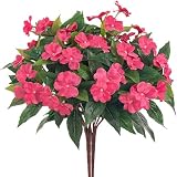 Uqueeten Artificial Impatiens Bouquet Flowers for Outdoors Silk Faux Flowers for Outdoor Impatiens Plants Decor Indoor Planters Kitchen Planters and Balcony Decorations 2PCS（Rose Red）