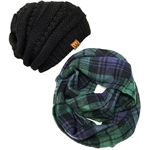 Bowbear Tartan Winter Infinity Scarf with Beanie, Blue/Green + Black Cover